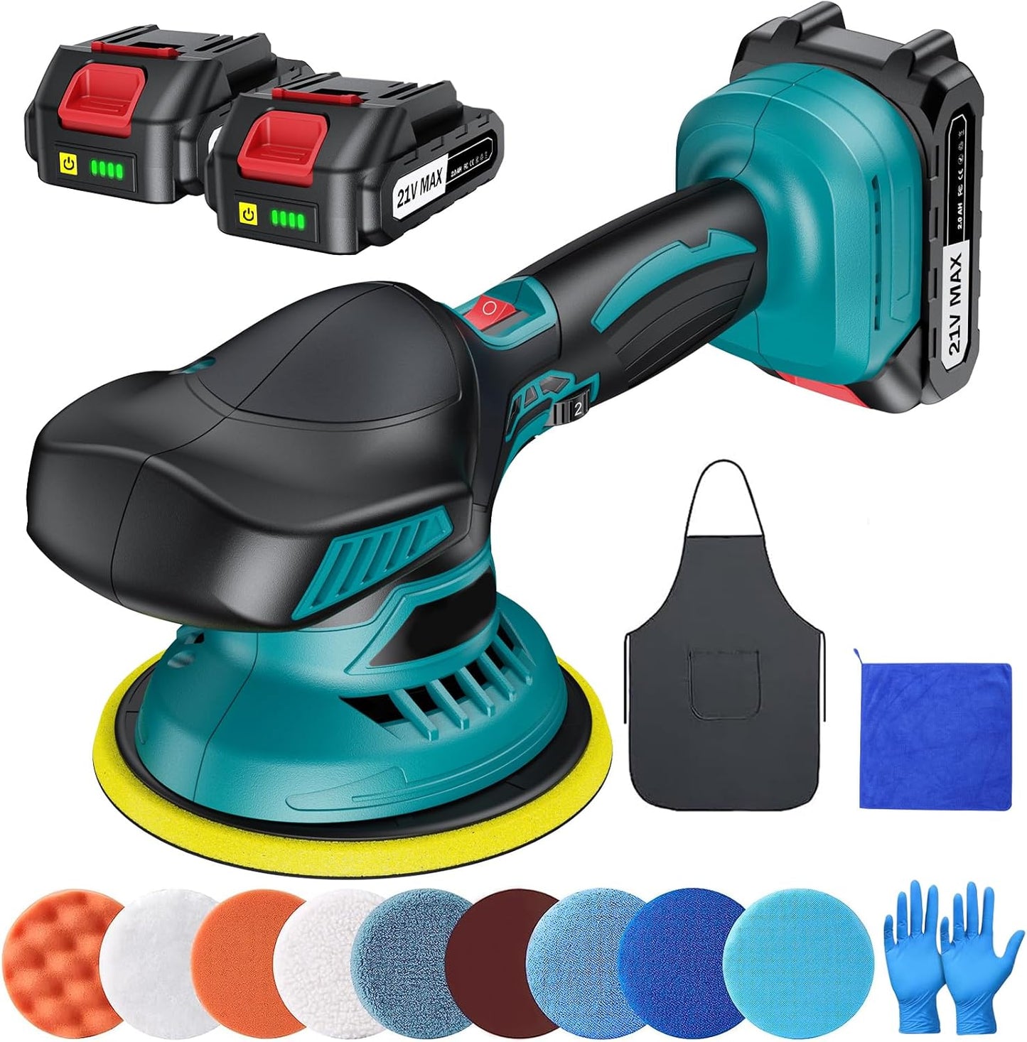 Cordless Buffer Polisher - 6 Inch Car Polisher with 2Pcs 21V 2000Mah Lithium Battery and 13 PCS Attachments, Car Buffer Polisher 6 Variable Speed 5500RPM for Auto Detailing/Polishing/Waxing