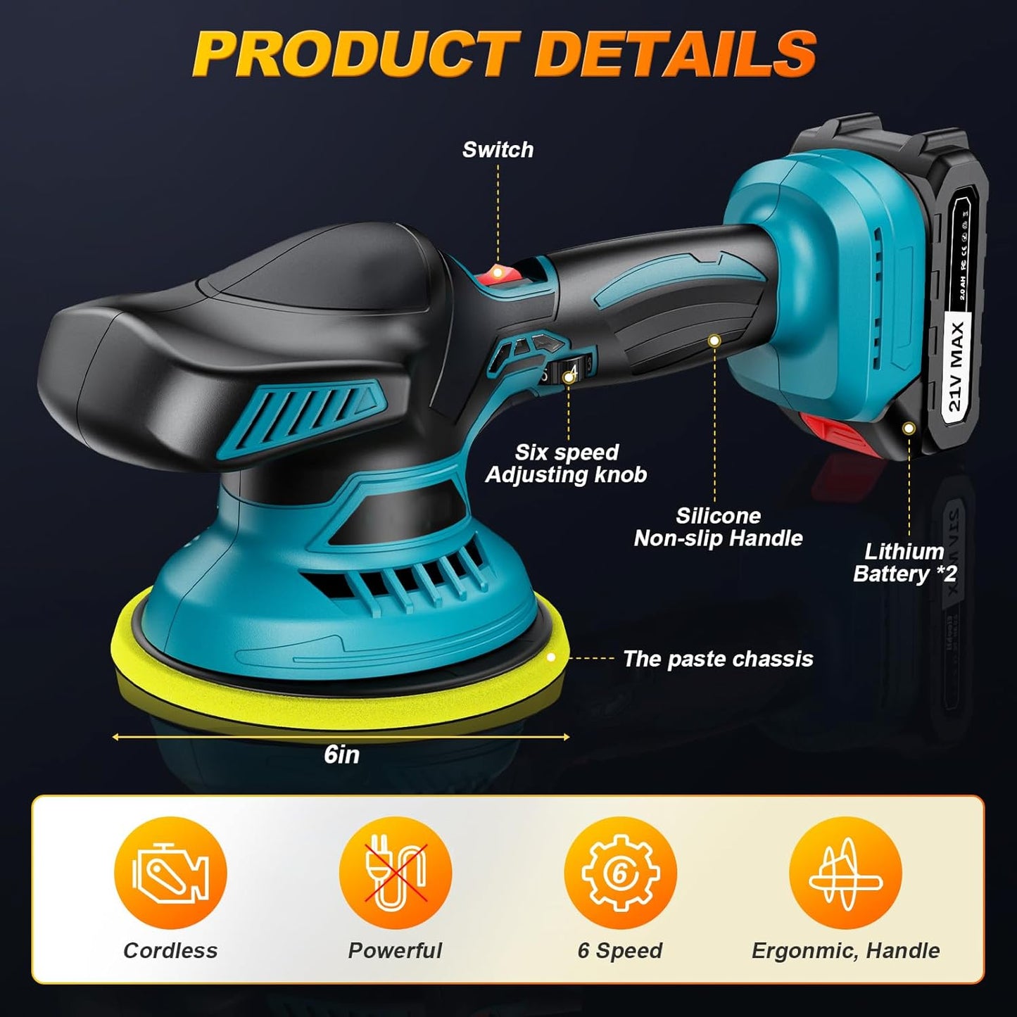 Cordless Buffer Polisher - 6 Inch Car Polisher with 2Pcs 21V 2000Mah Lithium Battery and 13 PCS Attachments, Car Buffer Polisher 6 Variable Speed 5500RPM for Auto Detailing/Polishing/Waxing