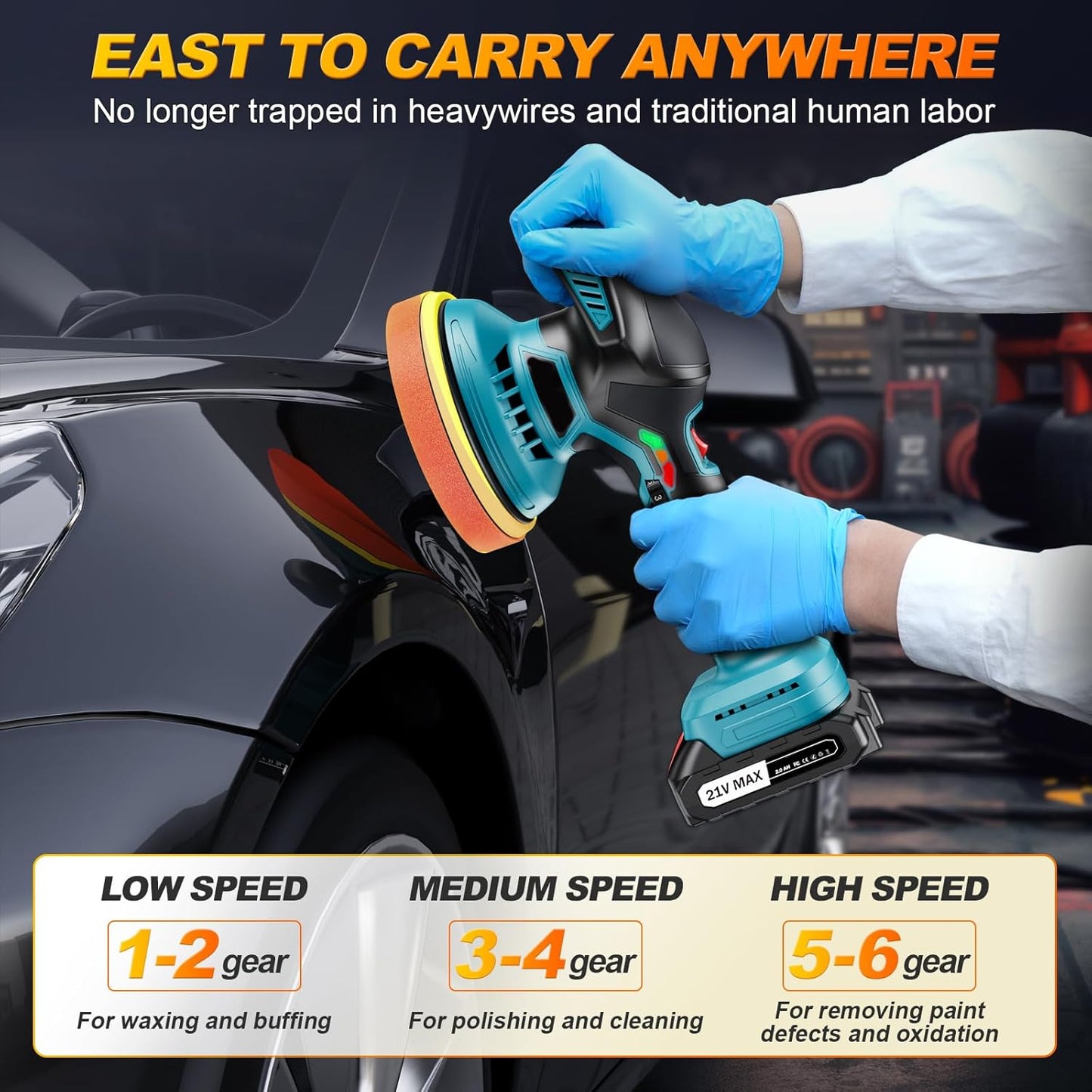Cordless Buffer Polisher - 6 Inch Car Polisher with 2Pcs 21V 2000Mah Lithium Battery and 13 PCS Attachments, Car Buffer Polisher 6 Variable Speed 5500RPM for Auto Detailing/Polishing/Waxing