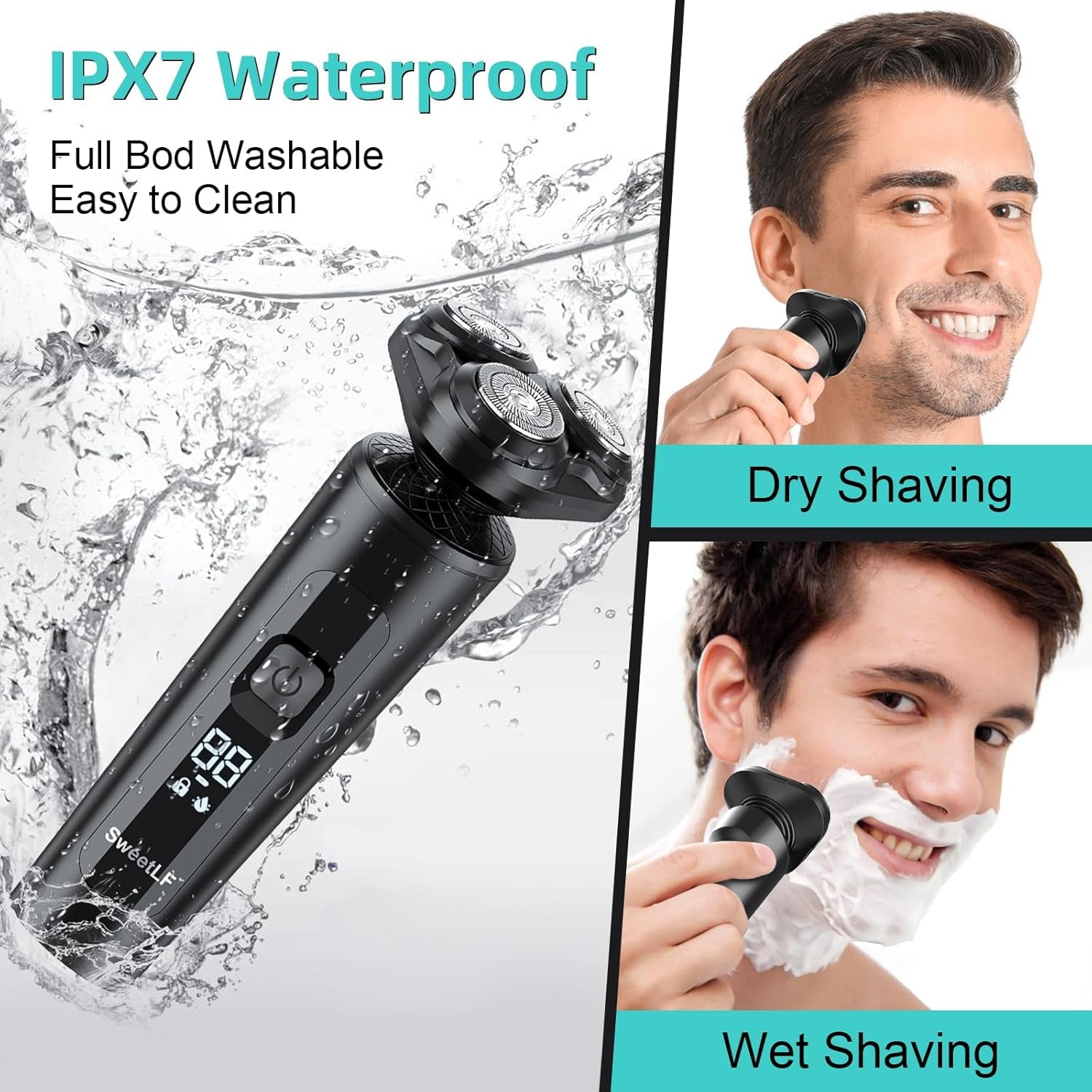 Men'S Electric Razor, Wet & Dry, Cordless, Rechargeable, Rotary Shaver with Sideburns Trimmer, IPX7 Waterproof, LED Display, Ultra Lightweight for Travel