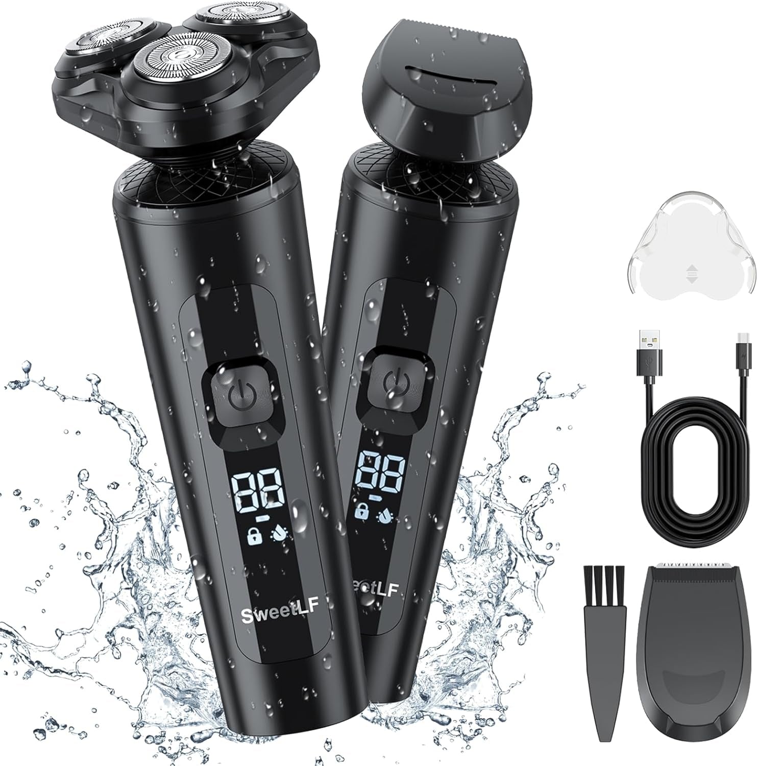 Men'S Electric Razor, Wet & Dry, Cordless, Rechargeable, Rotary Shaver with Sideburns Trimmer, IPX7 Waterproof, LED Display, Ultra Lightweight for Travel