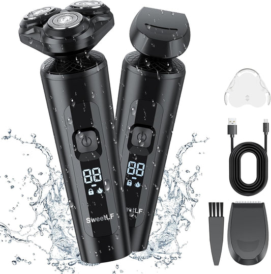 Men'S Electric Razor, Wet & Dry, Cordless, Rechargeable, Rotary Shaver with Sideburns Trimmer, IPX7 Waterproof, LED Display, Ultra Lightweight for Travel