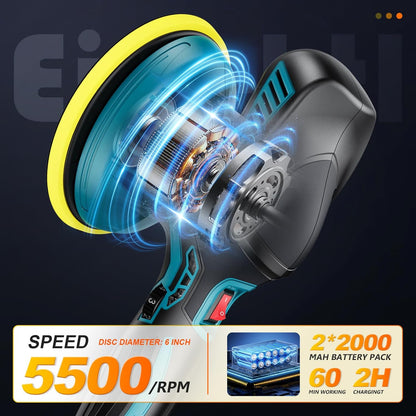 Cordless Buffer Polisher - 6 Inch Car Polisher with 2Pcs 21V 2000Mah Lithium Battery and 13 PCS Attachments, Car Buffer Polisher 6 Variable Speed 5500RPM for Auto Detailing/Polishing/Waxing