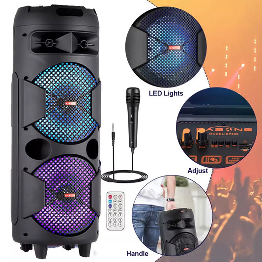 - Dual 8" Woofer Wireless Speaker with LED Lights, Mic & Deep Bass Stereo Sound