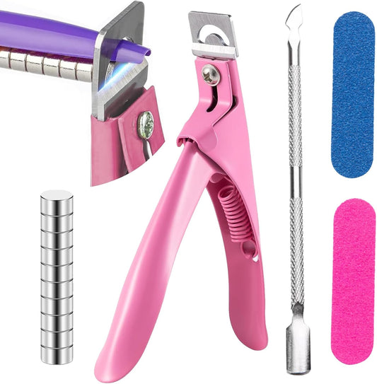 Acrylic Nail Cutter and Clippers for Gel Nails with 10 Magnets, 2 Rubbing Strips and 1 Steel Cone (Pink)