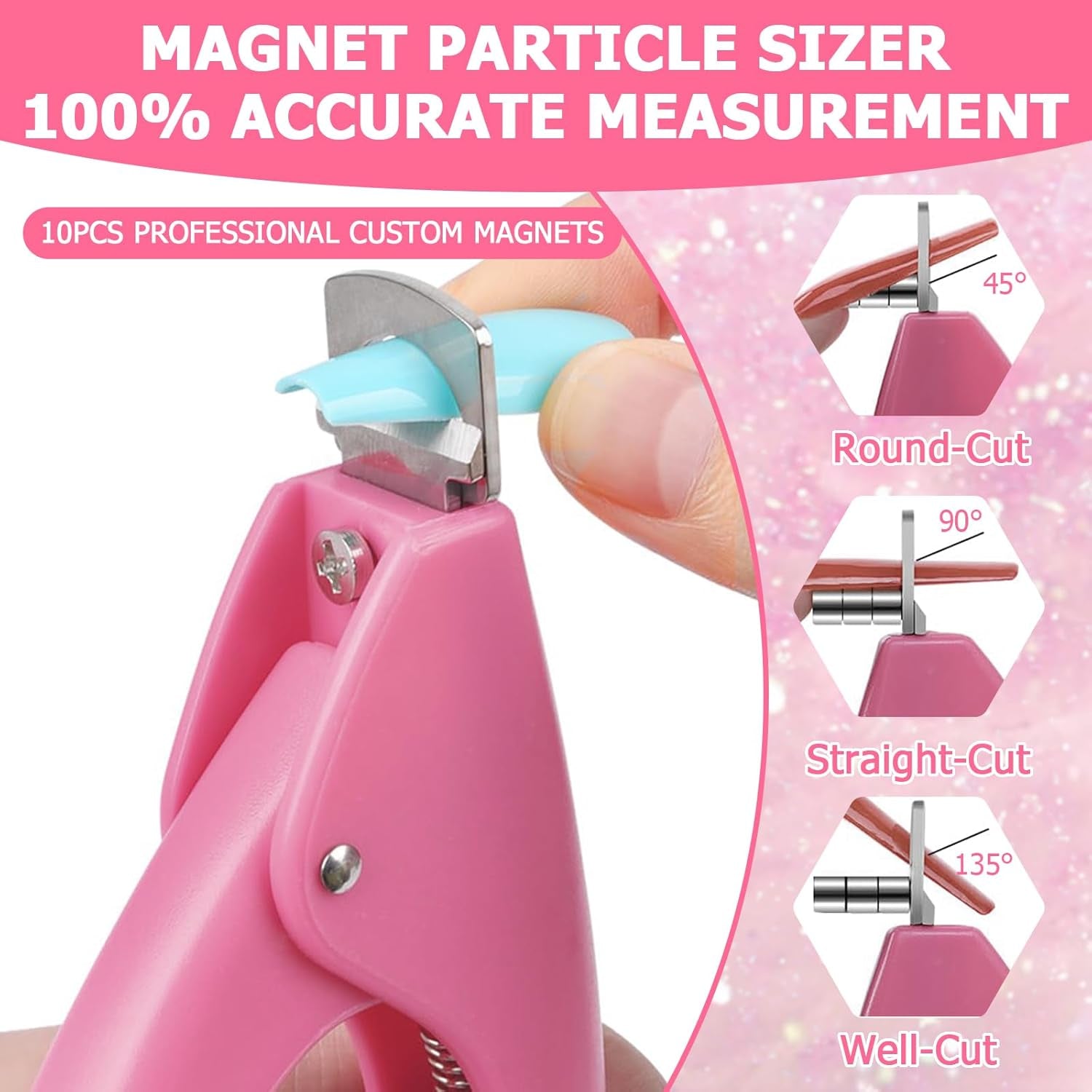 Acrylic Nail Cutter and Clippers for Gel Nails with 10 Magnets, 2 Rubbing Strips and 1 Steel Cone (Pink)