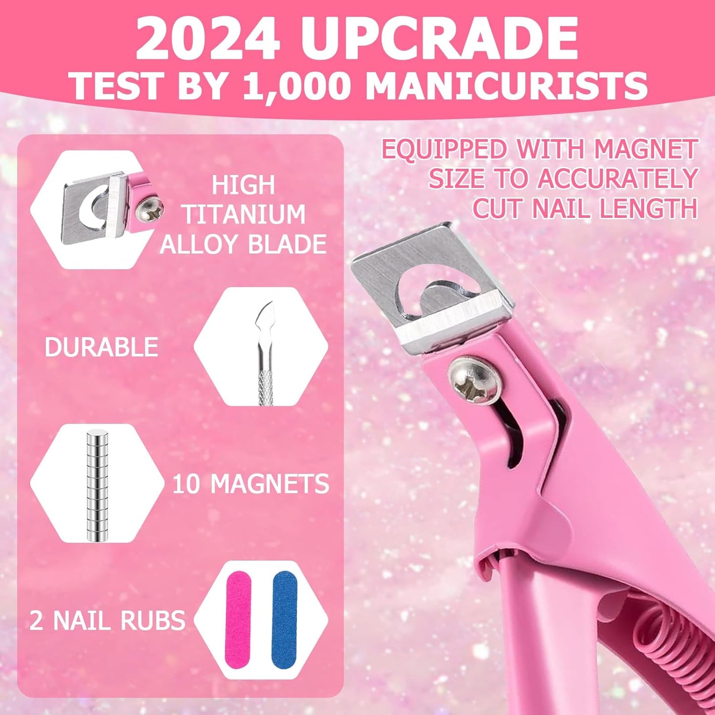 Acrylic Nail Cutter and Clippers for Gel Nails with 10 Magnets, 2 Rubbing Strips and 1 Steel Cone (Pink)