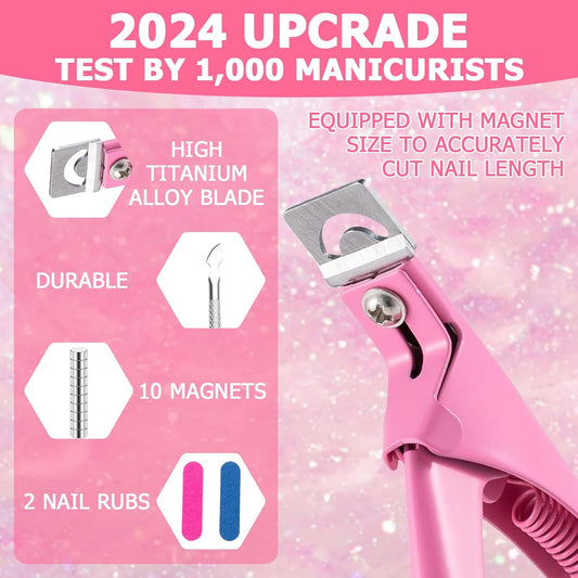 Acrylic Nail Cutter and Clippers for Gel Nails with 10 Magnets, 2 Rubbing Strips and 1 Steel Cone (Pink)