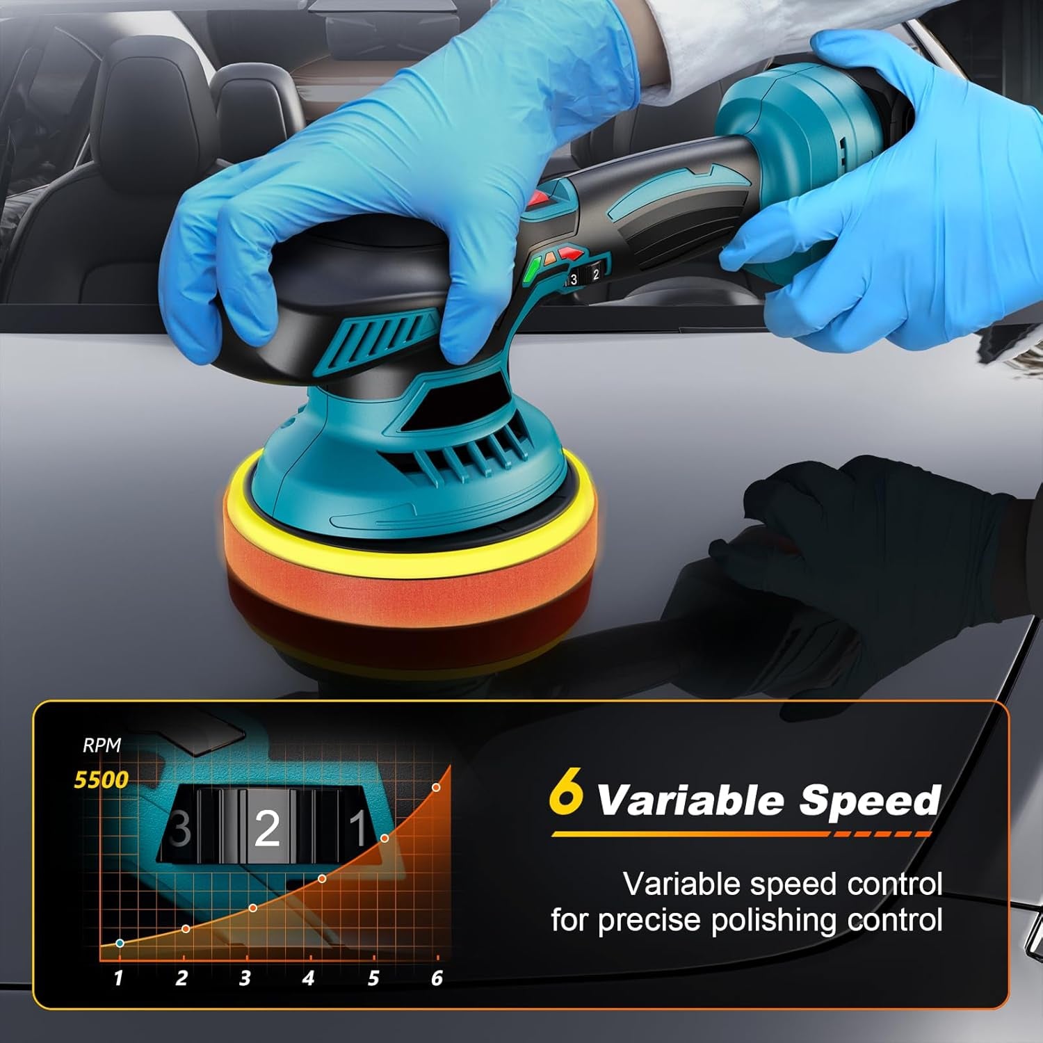 Cordless Buffer Polisher - 6 Inch Car Polisher with 2Pcs 21V 2000Mah Lithium Battery and 13 PCS Attachments, Car Buffer Polisher 6 Variable Speed 5500RPM for Auto Detailing/Polishing/Waxing