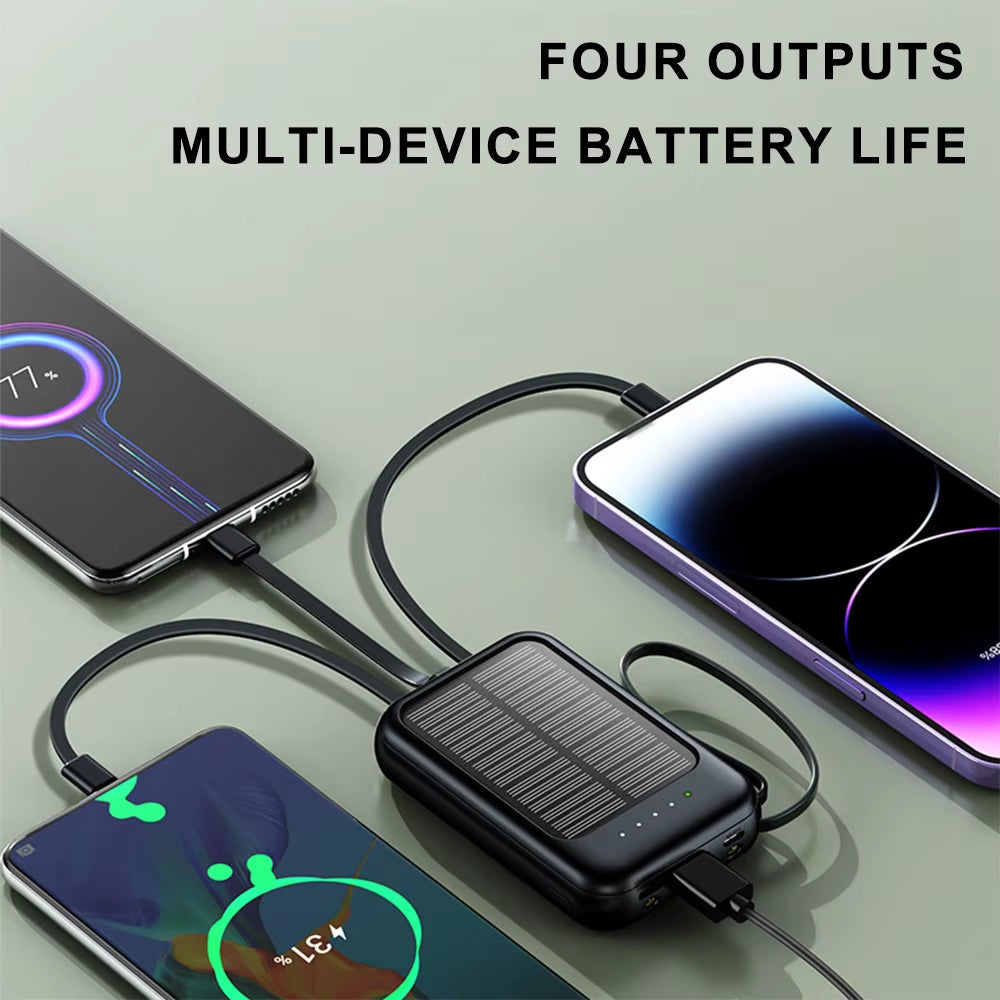 20000Mah Solar Power Bank with Flashlight Outdoor Portable Charger 4 Outputs LED Lights for Camping Emergency