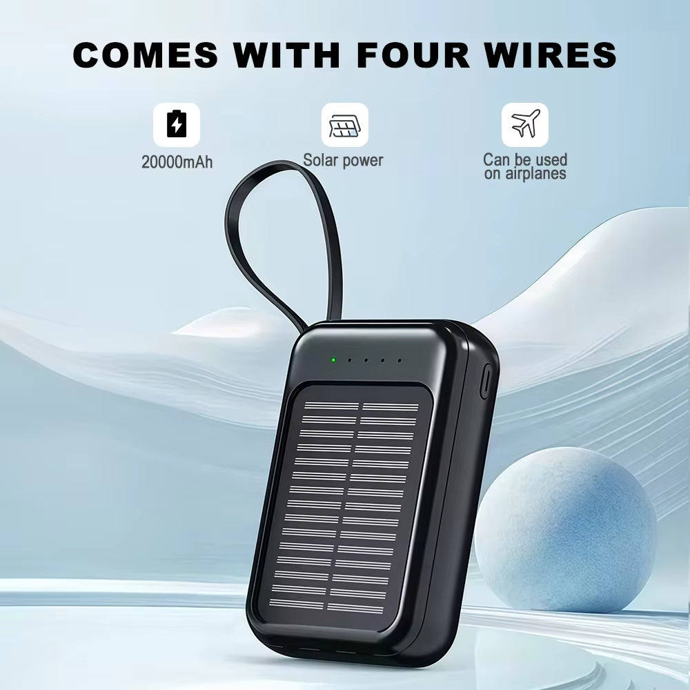 20000Mah Solar Power Bank with Flashlight Outdoor Portable Charger 4 Outputs LED Lights for Camping Emergency