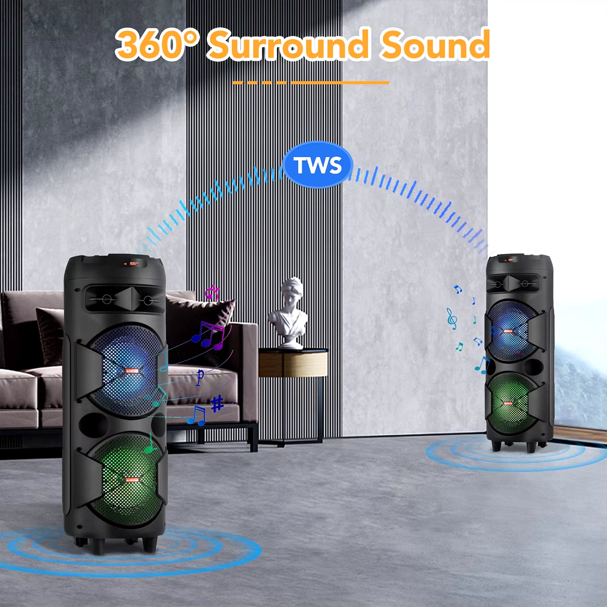 - Dual 8" Woofer Wireless Speaker with LED Lights, Mic & Deep Bass Stereo Sound