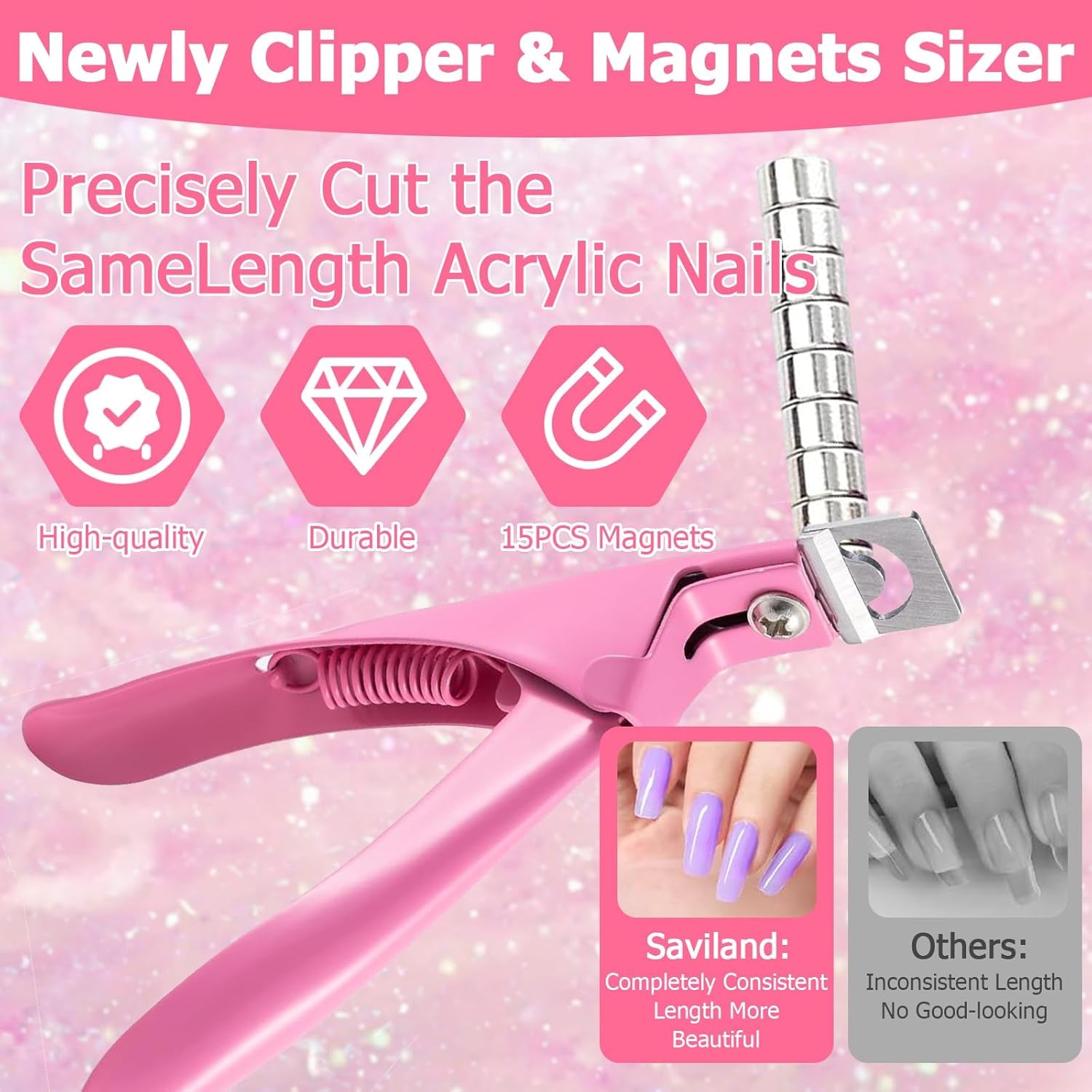 Acrylic Nail Cutter and Clippers for Gel Nails with 10 Magnets, 2 Rubbing Strips and 1 Steel Cone (Pink)