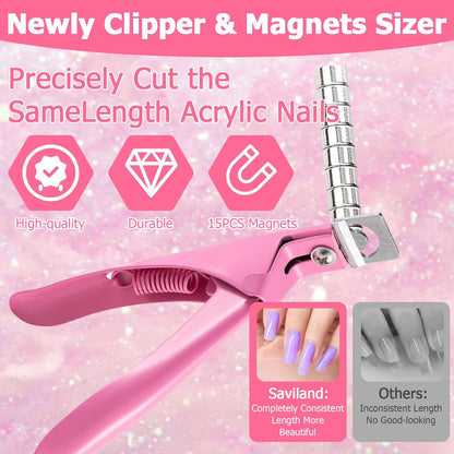 Acrylic Nail Cutter and Clippers for Gel Nails with 10 Magnets, 2 Rubbing Strips and 1 Steel Cone (Pink)