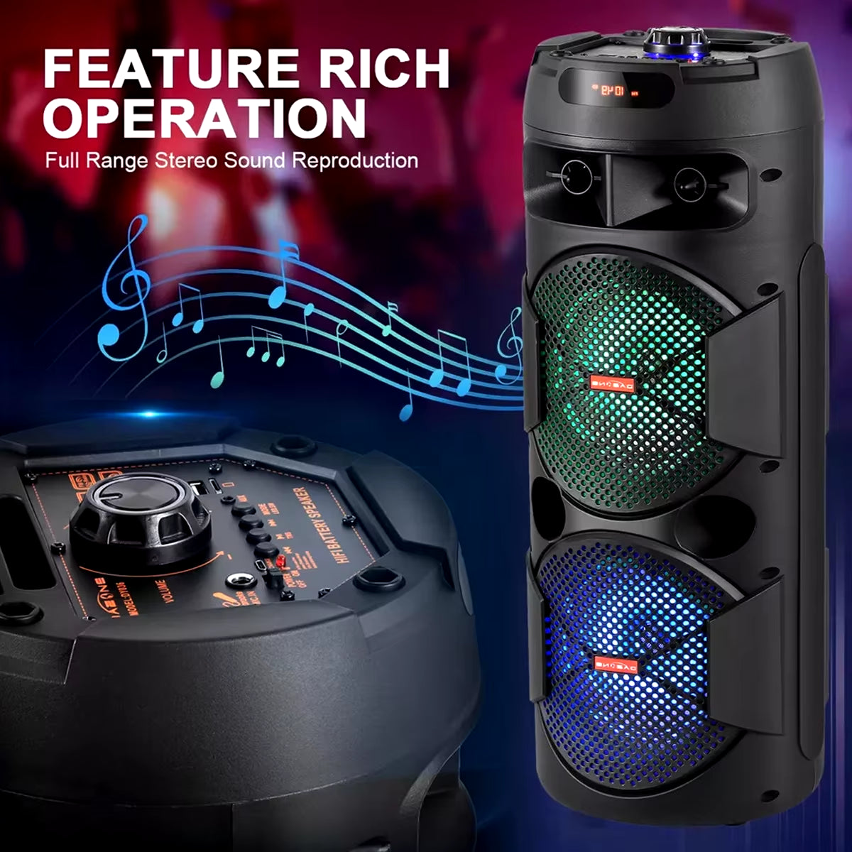 - Dual 8" Woofer Wireless Speaker with LED Lights, Mic & Deep Bass Stereo Sound