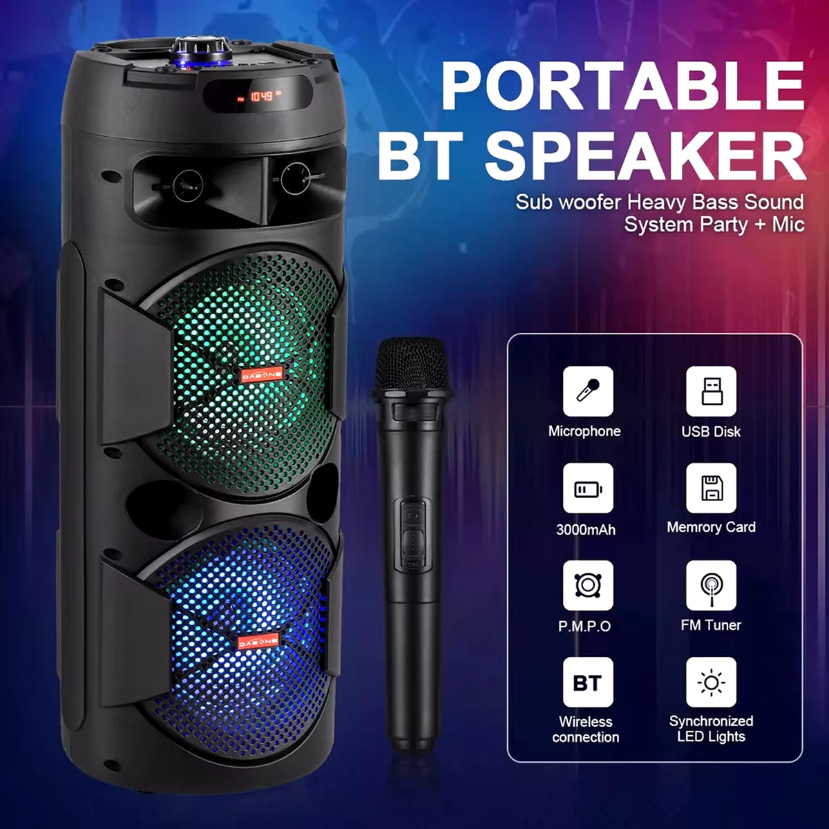 - Dual 8" Woofer Wireless Speaker with LED Lights, Mic & Deep Bass Stereo Sound