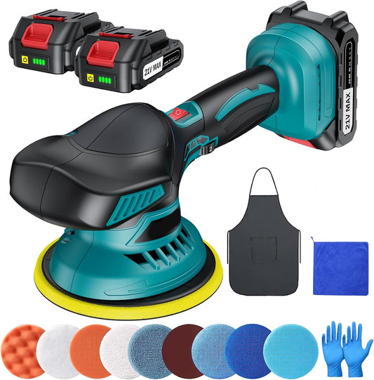 Cordless Buffer Polisher - 6 Inch Car Polisher with 2Pcs 21V 2000Mah Lithium Battery and 13 PCS Attachments, Car Buffer Polisher 6 Variable Speed 5500RPM for Auto Detailing/Polishing/Waxing